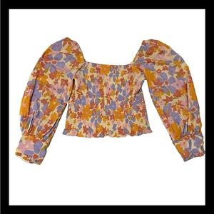 Free People Smocked Bodice Balloon Sleeve Floral Pastel Blouse Size Large NWOT